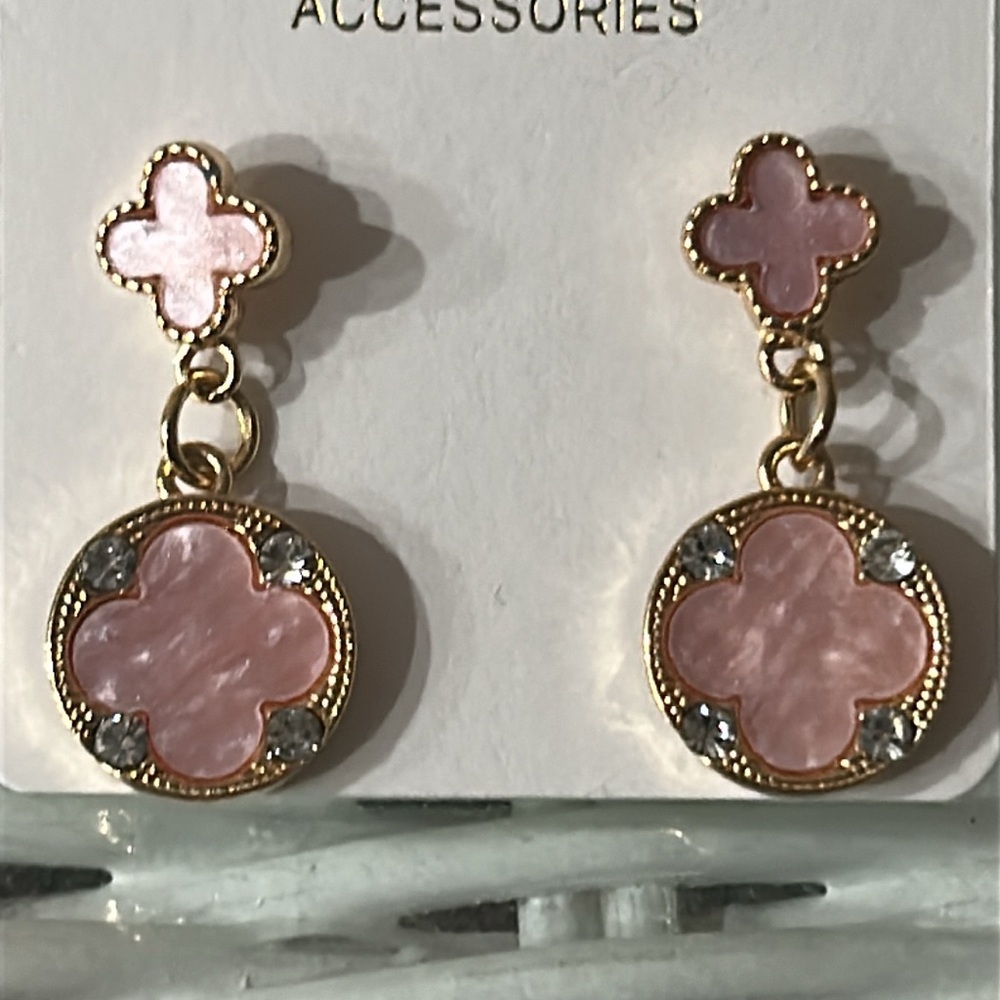 Pink and Gold Dangle Four Leaf Clover Earrings NWT